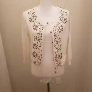 Alfani Cream bronze bedazzled button up sweater